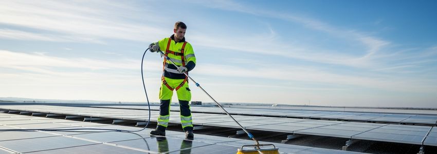 Solar panel cleaning technician cleaning commercial solar panels