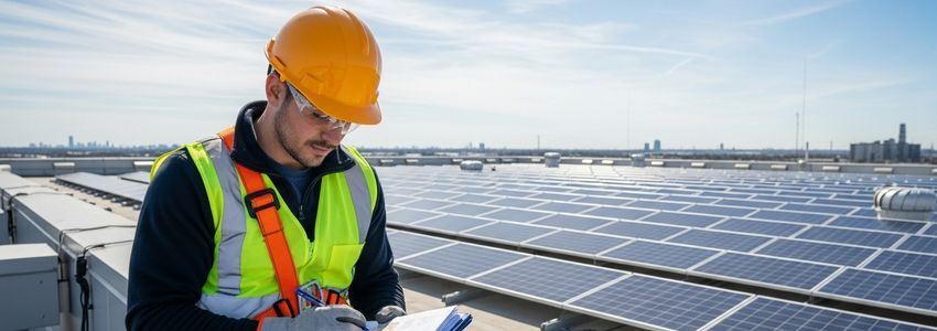 Solar panel installation contractor reviewing documents on rooftop with solar panels installed