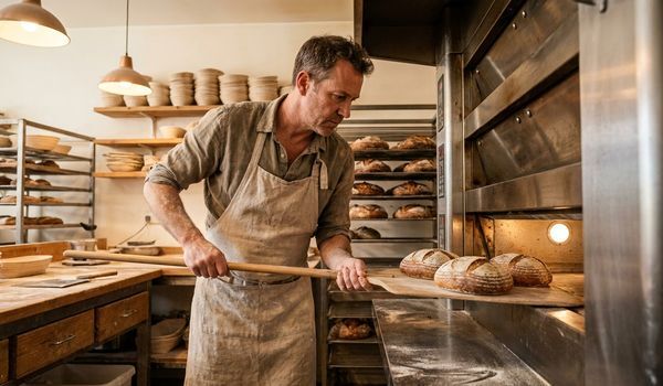 Artisan baker sliding scored sourdough loaves into a commercial deck oven at a bakery - Crestmont Capital