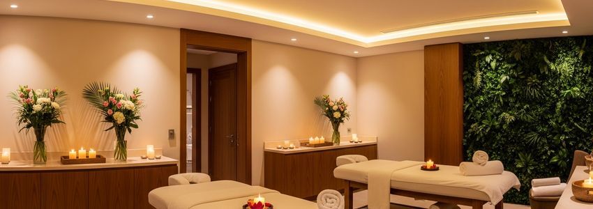 Spa franchise owner reviewing business loan documents in a luxury spa treatment room