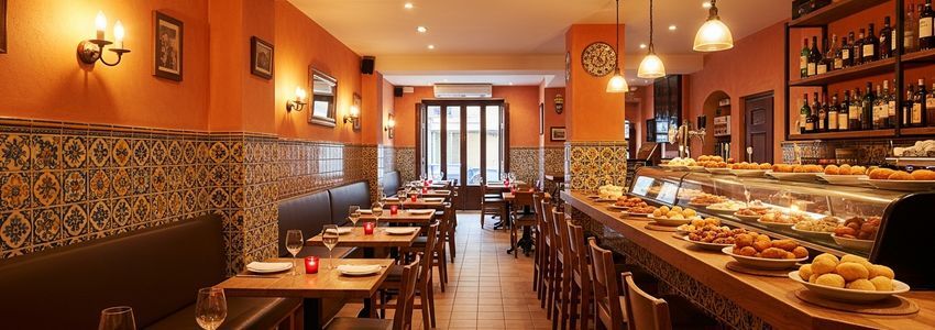 Spanish restaurant interior with tapas bar and warm amber lighting