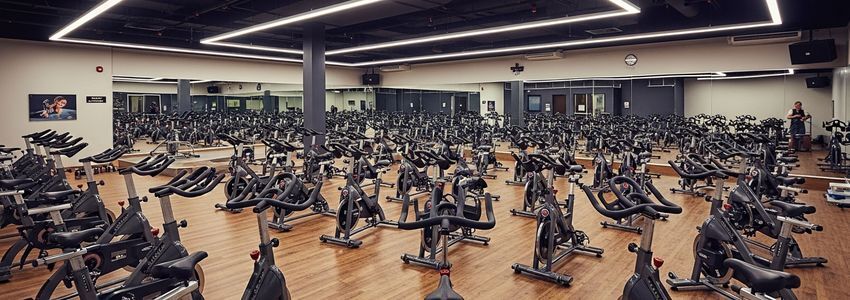 Indoor cycling spin studio with rows of stationary bikes for business loan blog