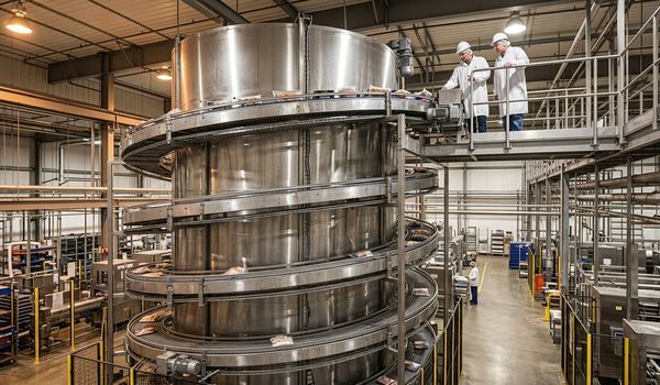 Industrial stainless steel spiral freezer system with workers inspecting the conveyor line inside a food processing plant