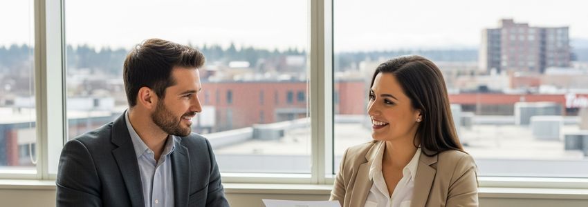 Small business owner and advisor reviewing loan documents in a Spokane Washington office
