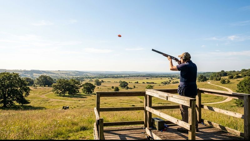 Shooter at a sporting clays course station aiming a shotgun at an orange clay target in flight over open course grounds