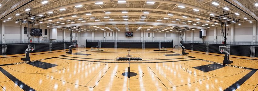 Sports complex interior showing multiple basketball and volleyball courts with professional lighting