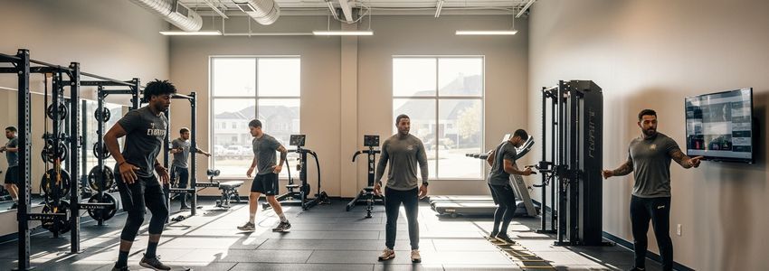 Sports performance training facility with athletes and modern equipment, representing sports performance business loans