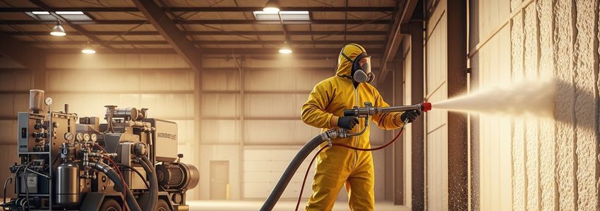 Professional spray foam insulation contractor applying foam with professional spray rig equipment