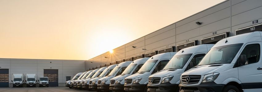 Fleet of Sprinter vans at a commercial depot for sprinter van financing guide