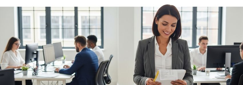 Staffing agency office with professionals reviewing invoice factoring documents