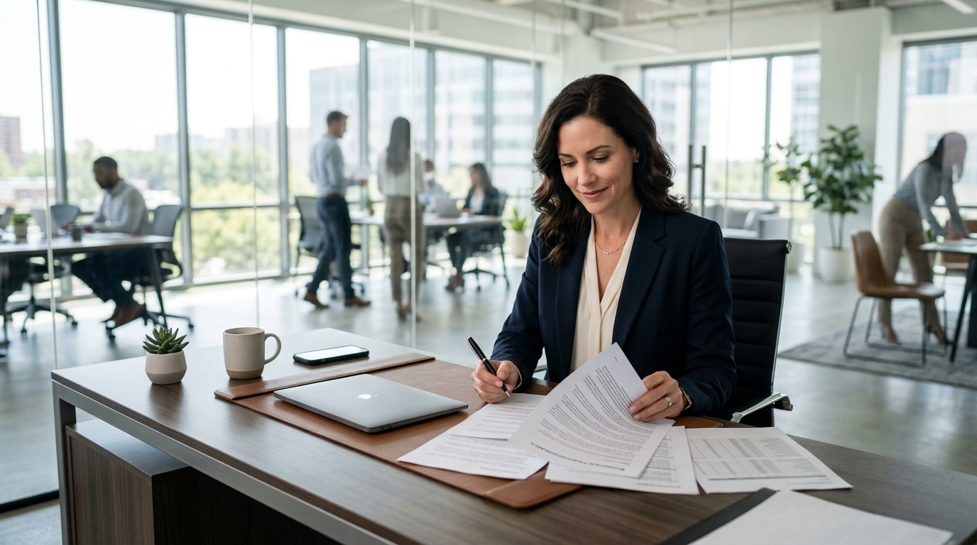 Staffing agency owner reviewing business financing documents at modern office desk
