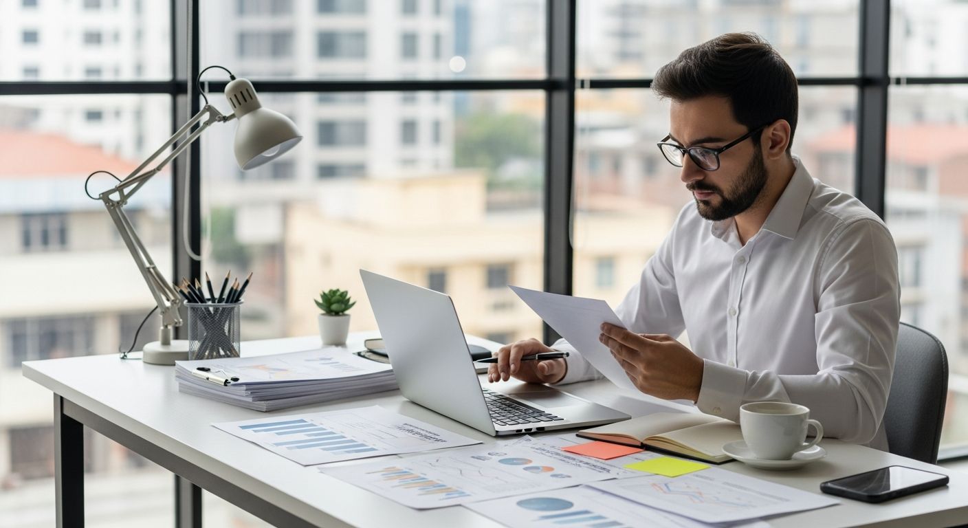 Business owner reviewing startup loan application documents at a modern office desk