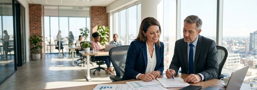 Business owner and financial advisor reviewing stated income business loan documents at a modern office desk