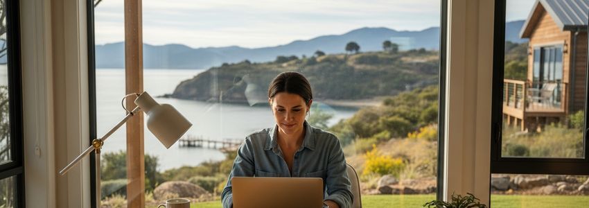 Professional vacation rental owner reviewing bookings on laptop with scenic property view in background