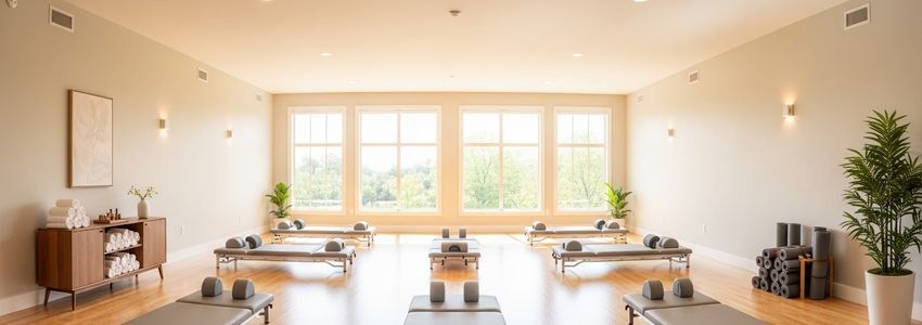 Professional stretch studio interior with padded tables and bright clean space for assisted stretching sessions