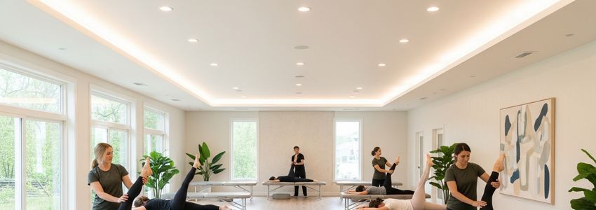 Modern wellness studio interior showing practitioners performing assisted stretching sessions