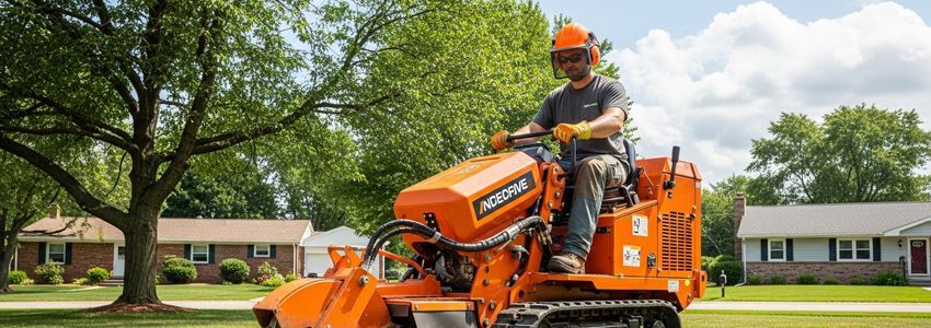 Commercial stump grinder operator working in residential yard