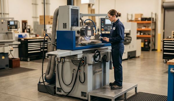 A machinist in navy coveralls operating a precision surface grinder on a platform in a modern machine shop