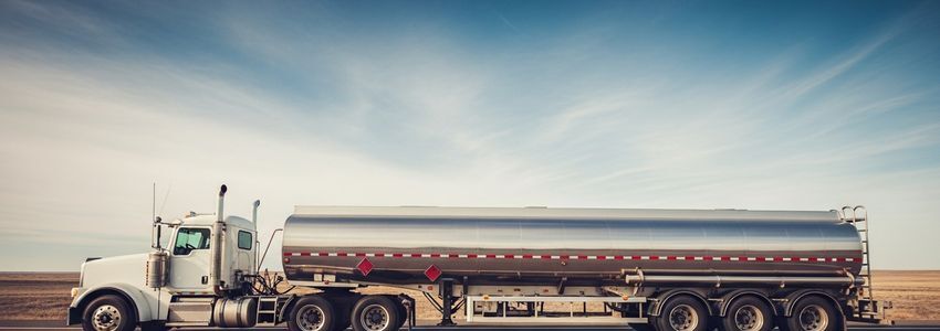 Silver tanker truck on a wide open highway with blue sky and open road