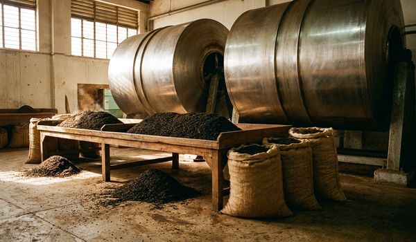 Stainless steel tea blending drums and loose tea leaves on a sorting table inside a tea blending facility