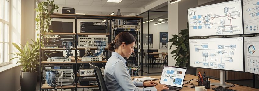 Business professional reviewing technology upgrade plans at a modern office workstation with server equipment