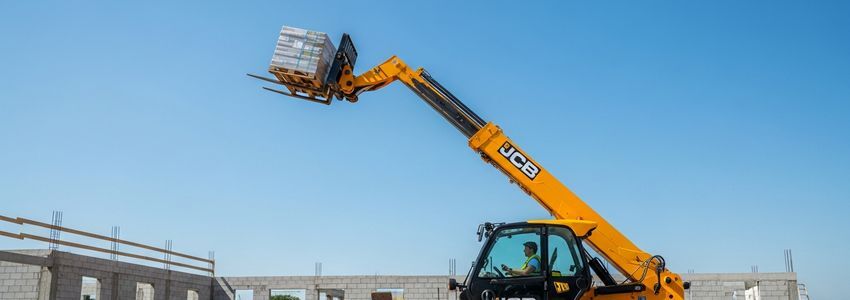 A yellow telehandler on a construction site lifting materials with telescoping boom extended