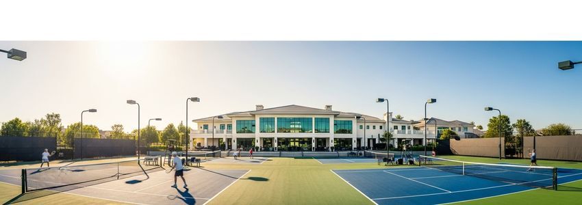 Tennis club outdoor courts with players and modern clubhouse