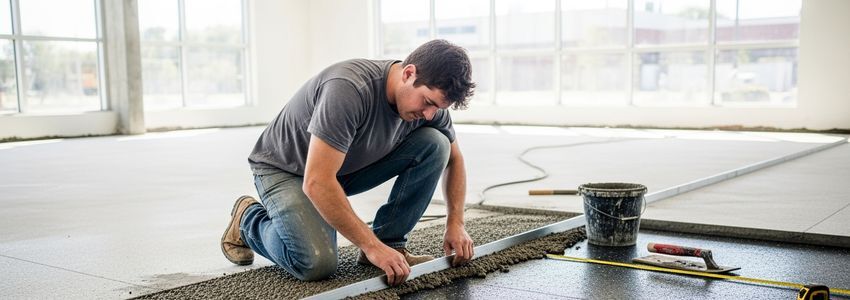 Terrazzo contractor installing metal divider strips and marble aggregate chips during a commercial terrazzo flooring project