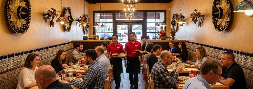 Tex-Mex restaurant interior with servers and customers