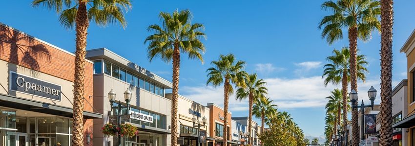 Small business district in Thousand Oaks, California showing commercial storefronts with palm trees