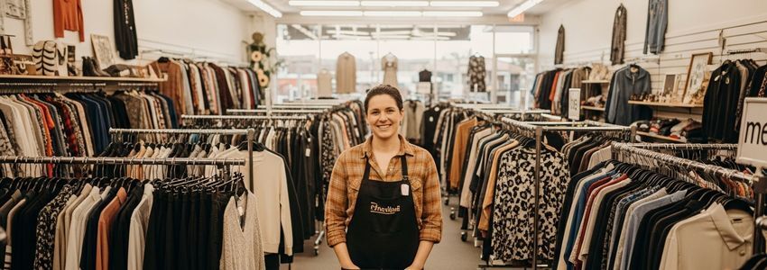Thrift store owner standing in a well-organized secondhand clothing shop