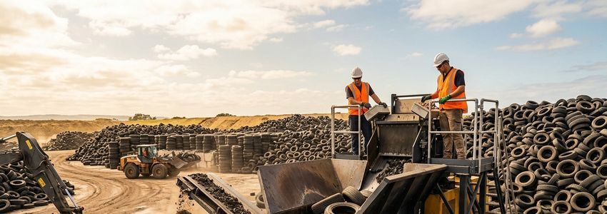 Workers operating heavy equipment at an industrial tire recycling yard with stacks of scrap tires