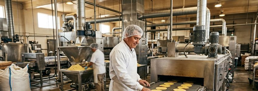 Tortilla factory owner inspecting fresh corn tortillas coming off an industrial press and production line