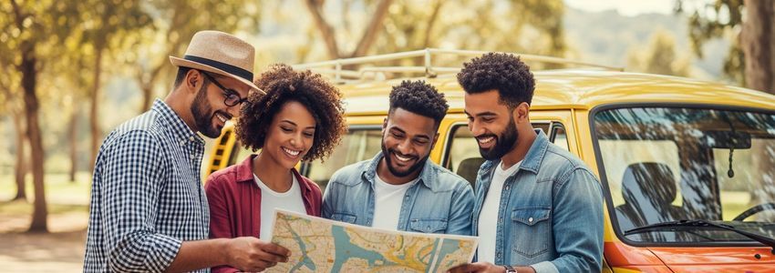 Tour company operator and tourists reviewing map next to a tour van ready for an adventure excursion