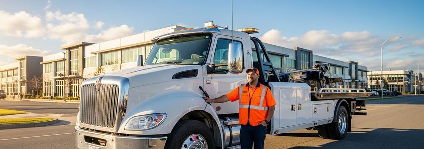 Professional tow truck operator standing next to a modern flatbed tow truck