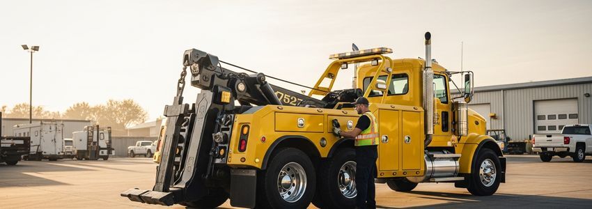 Professional tow truck operator inspecting a heavy-duty wrecker truck at a towing company yard