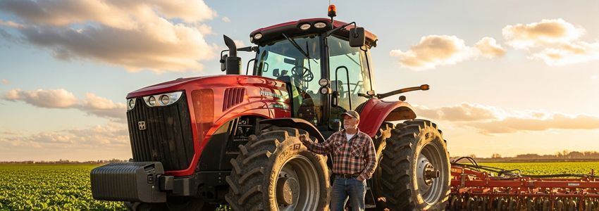 Farmer standing beside a large red tractor in a crop field for tractor financing guide