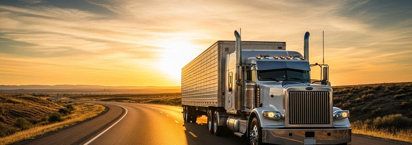 Commercial tractor-trailer semi truck on highway at sunset