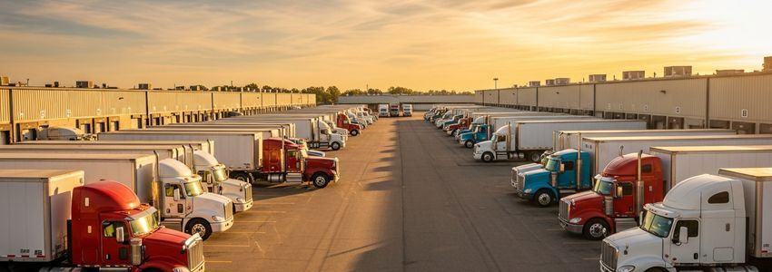 Fleet of commercial freight trucks lined up at a large transportation and logistics distribution center