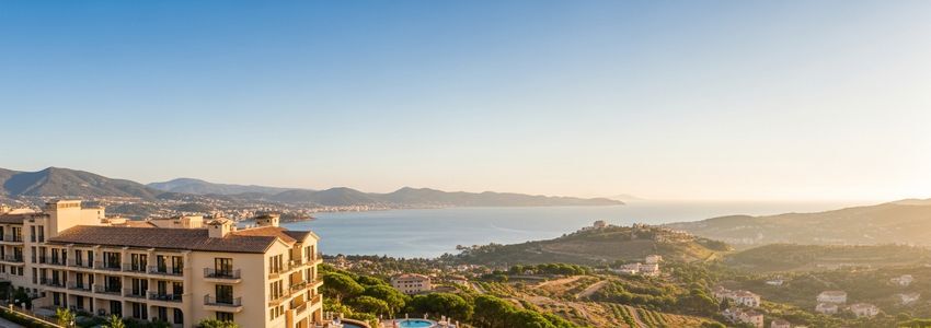 Wide panoramic view of a luxury Mediterranean resort overlooking a coastal bay, representing travel and tourism business financing