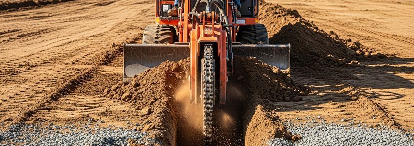 A trencher machine cutting a trench at a construction site