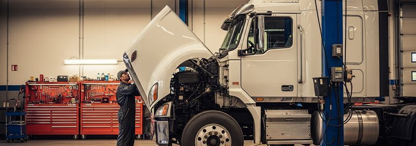 Truck repair shop owner and mechanic in a commercial vehicle service bay