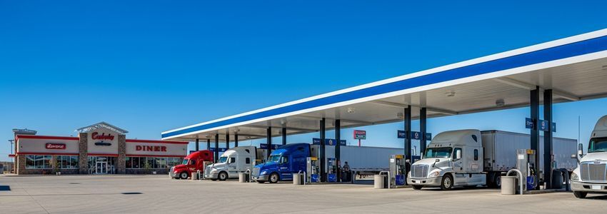 A busy truck stop and travel plaza with multiple semi-trucks fueling at diesel dispensers under a modern canopy