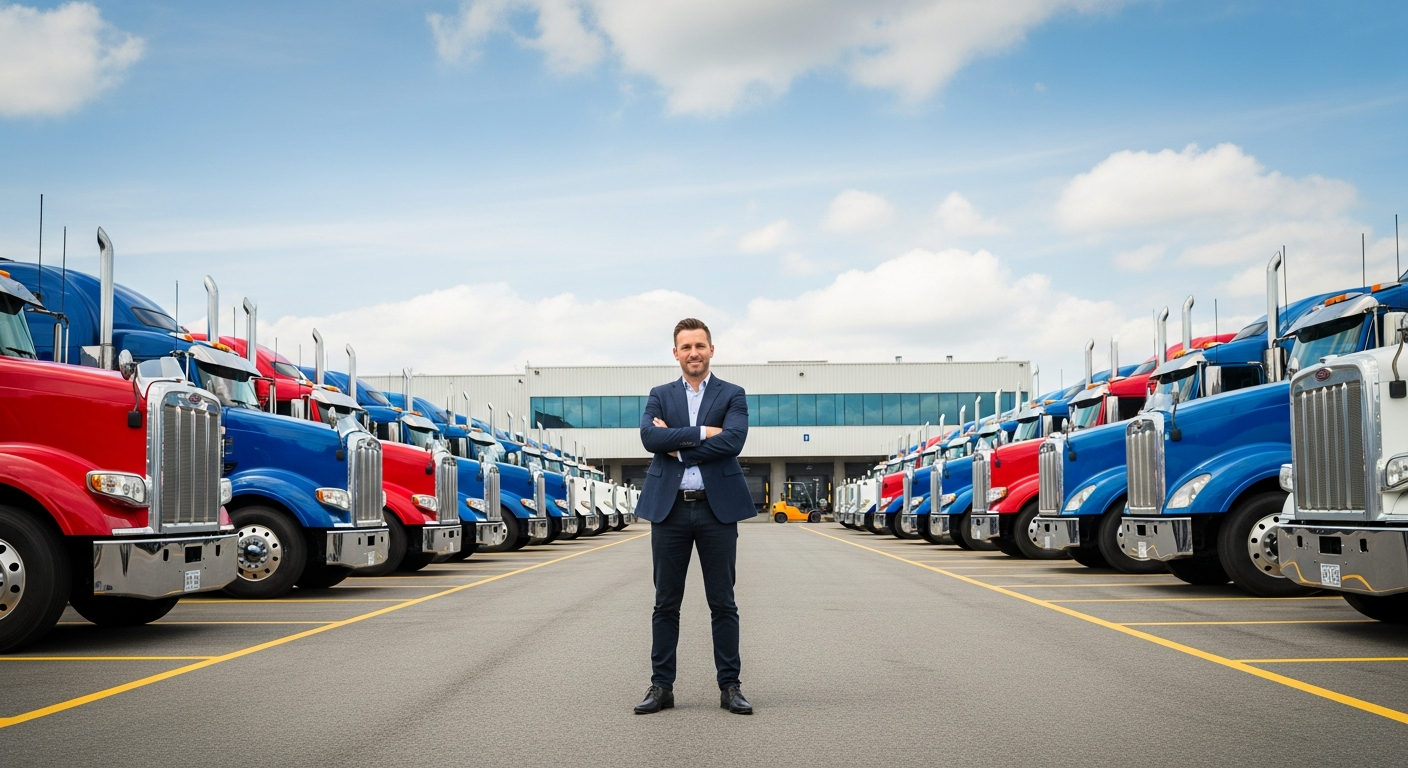 Trucking company owner reviewing business loan documents with a commercial semi truck fleet in the background