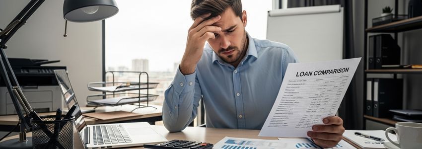 Small business owner reviewing MCA cost documents at desk
