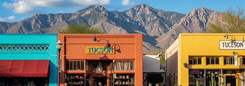 Small business district in Tucson, Arizona with mountain views and colorful storefronts