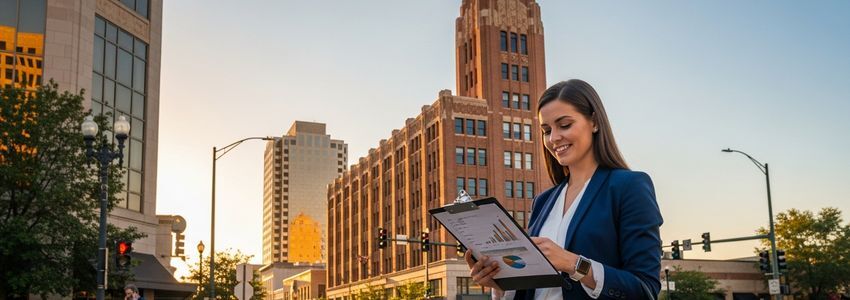 Small business owner reviewing loan documents in front of downtown Tulsa Oklahoma skyline