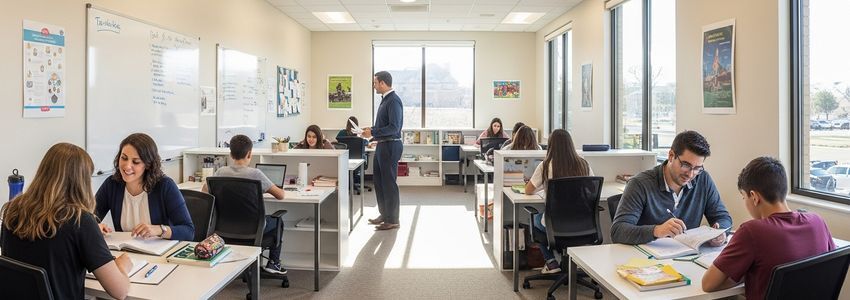 Modern tutoring center with students and tutors in an educational classroom setting
