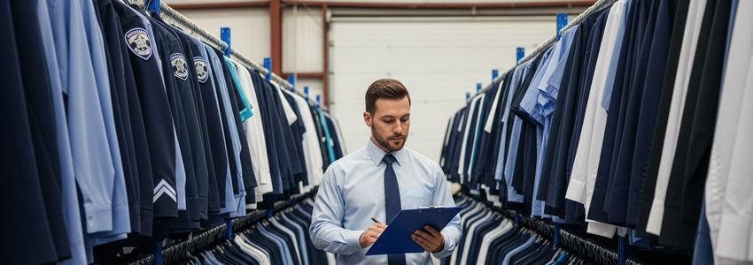 Uniform supply business owner reviewing financing documents in warehouse