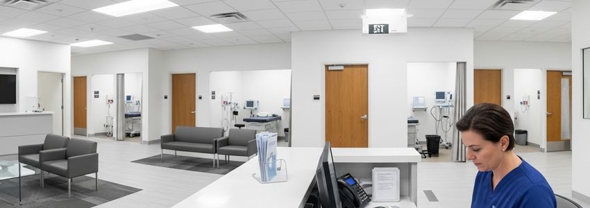 Urgent care physician reviewing business loan documents at clinic reception with medical facility in background